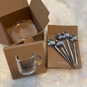 Nespresso Vertuo Espresso Glass Cup and Saucer with 6 Silver Small View Spoons